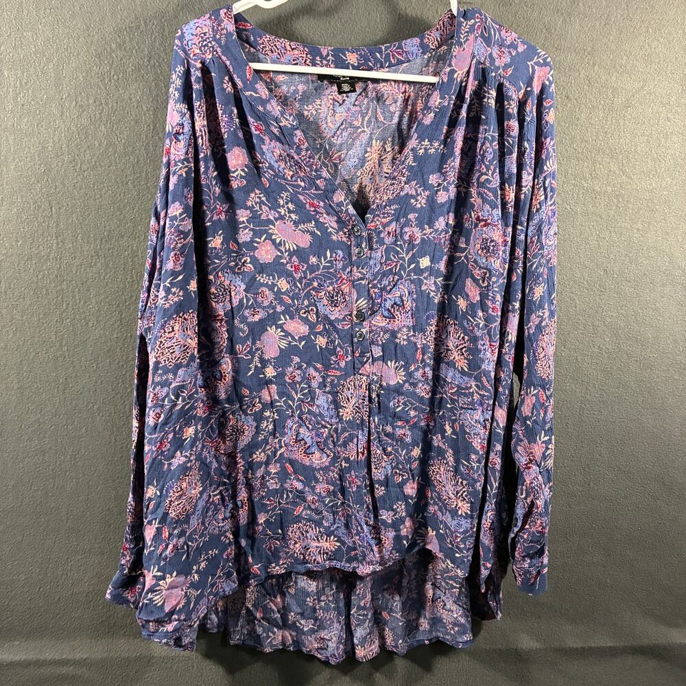 nine west women peasant top XXL blue boho floral western cottagecore paisley